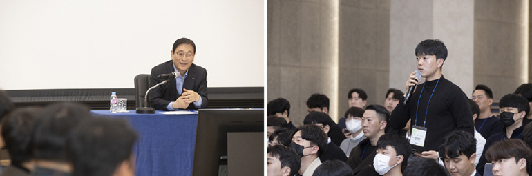 신입사원 CEO 간담회 사진. 왼쪽 사진에 윤영준 사장이 신입사원의 질문에 답변하고 있습니다.